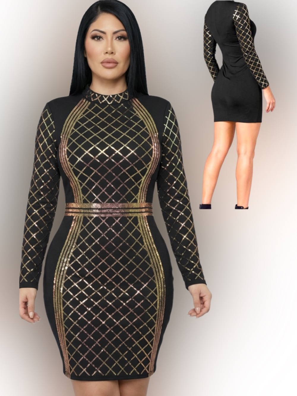 VENUS- Black Metallic Grid Long-Sleeve Bodycon Dress